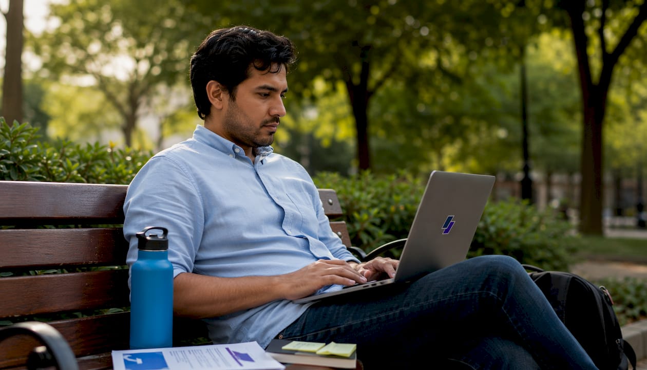 Man typing bullet points on laptop in coffee shop