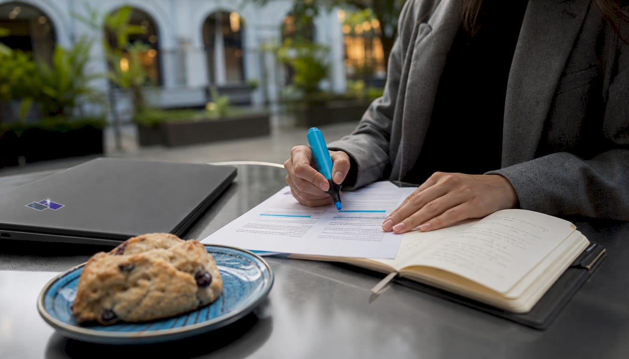 Hands highlighting resume keywords on wooden table