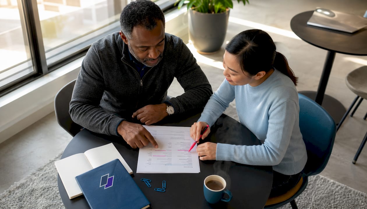 Two colleagues discussing resume layout at meeting table